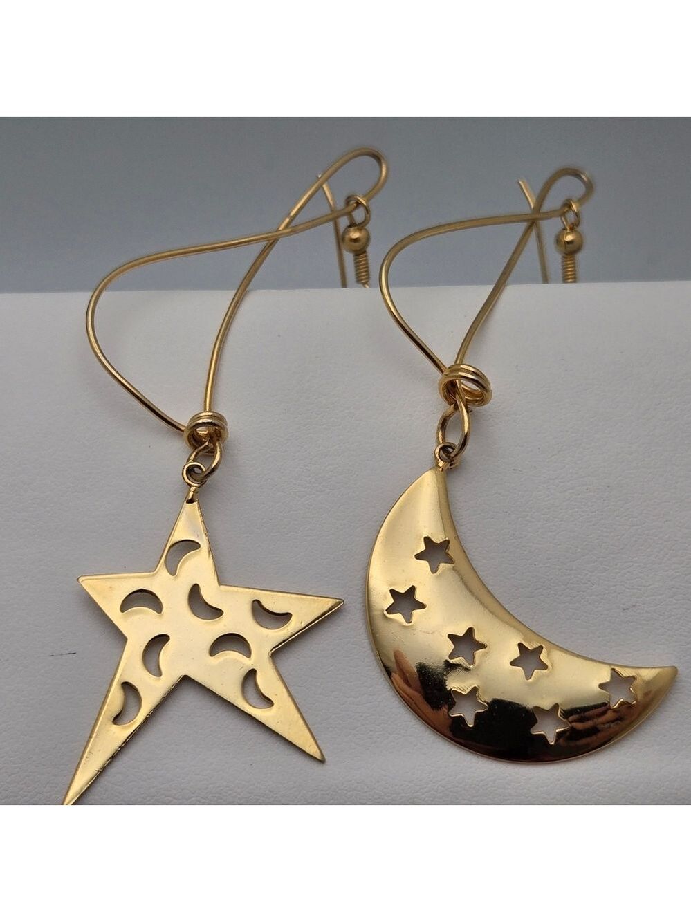 Celestial Star & Moon Mismatched Dangle Earrings Gold Tone Handmade